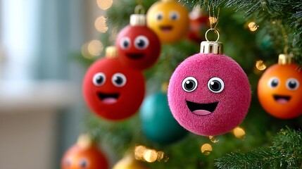 Wall Mural - tree with many colorful ornaments, including a pink one with a smiley face. scene is cheerful and fe