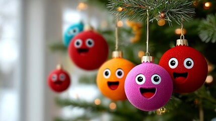 Wall Mural - tree with a bunch of colorful ornaments hanging from it, including a red one with a smiley face