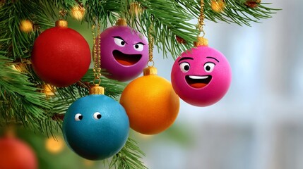 Wall Mural - tree with a bunch of colorful ornaments hanging from it, including a pink one with a smiley face