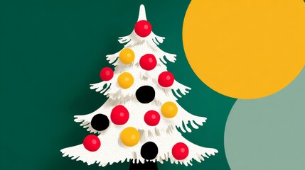 Wall Mural - christmas tree with red, yellow and black balls on it. the tree is white and is surrounded by a gree