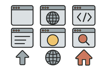 Web browser and website interface icon set. Vector collection of flat cartoon illustrations for UI UX design. Includes search, home, code, upload, and internet globe symbols.