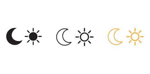 Sun and moon icon vector day and night icon set. Daytime sunset dark and light mode icons, 
Screen brightness and contrast level signs and symbols