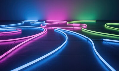 Wall Mural - Abstract neon light patterns on a tiled floor