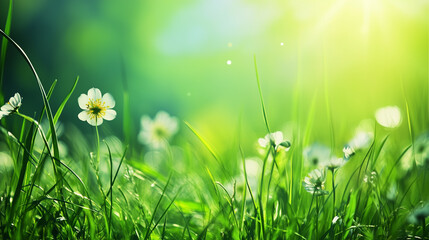 Wall Mural - A fresh spring sunny garden background of green grass and blurred foliage bokeh.