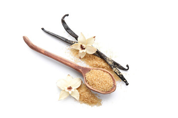 Wall Mural - Spoon with vanilla sugar, flowers and sticks on white background