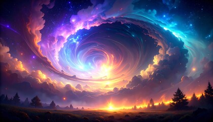 Wall Mural - Vibrant Night Sky with Swirling Nebula and Forest Below Under Dramatic Lighting