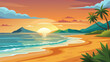 © laxmidesign - Vector art of a tropical beach at sunset with palm trees, mountains, and colorful clouds, creating a peaceful and relaxing vacation scene with warm sunlight