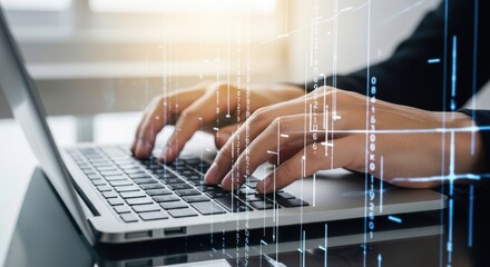 Hands typing on a laptop keyboard with digital data overlay