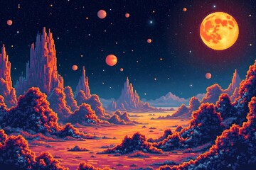Wall Mural - mosaic pixel art Psychedelic Space 1960s Style Backgrounds, Illustrations