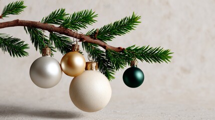 Wall Mural - christmas tree branch is adorned with four white and gold ornaments and a green one