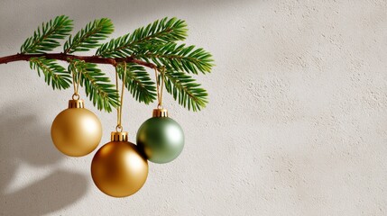 Wall Mural - three gold and green christmas ornaments hanging from a tree branch. the gold ornaments are larger t