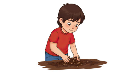 Happy cartoon boy with brown hair and a red shirt, carefully sowing seeds in the earth.
