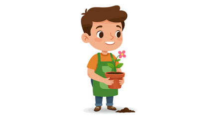 Smiling cartoon boy in a green apron holding a terracotta pot with a pink blooming flower.