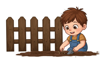 Cute cartoon boy in blue overalls happily planting seeds in the dirt with a small trowel next to a wooden fence.