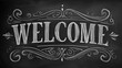 © Fatima Design - Decorative white chalk lettering spelling 'WELCOME' on black chalkboard background, featuring ornate swirls and vintage script style, ideal for greeting, sign, event, classroom, and invitation designs