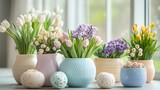 Vibrant spring bouquet display with tulips and hyacinths in assorted ceramic vases by a window