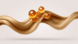© dinatychynska - Golden hair oil droplets on flowing blonde hair strand showing luxury beauty treatment. Premium hair care serum demonstrating nourishment, moisture restoration and silky smooth healthy hair texture.
