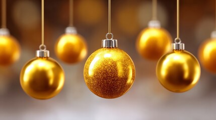 Wall Mural - gold ornament hangs from a string, with a single gold ornament hanging from the middle. the other or