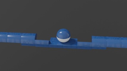 3d abstract background showing structure of aligned blue half-cylinders with single blue sphere rolling across them on dark gray surface, forming futuristic minimal abstract geometric composition