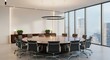 © irfanstock - Modern Conference Room with Circular Light Fixture and City View