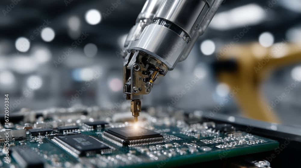 High-Tech Robotic Hand Installing Processor on Electronic Circuit Board ...
