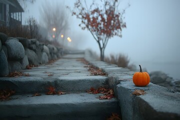 Wall Mural - Serene Autumn Pathway with Pumpkin in Foggy Landscape for Seasonal Design