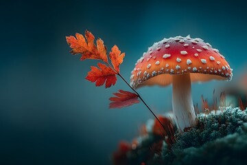 Wall Mural - Autumn Tranquility: Vibrant Amanita Mushroom and Leaf in Mystical Forest Setting