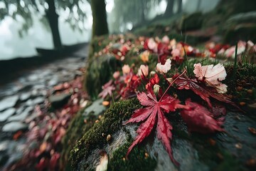 Wall Mural - Autumn Foliage on Mossy Forest Pathway for Seasonal Nature Designs