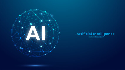 AI text on spheres of dots and lines connection. Futuristic AI global network connection. Artificial intelligence and machine learning technology concept. Science tech background. vector illustration.