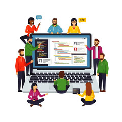 Diverse team of programmers collaborating around a large laptop screen displaying code