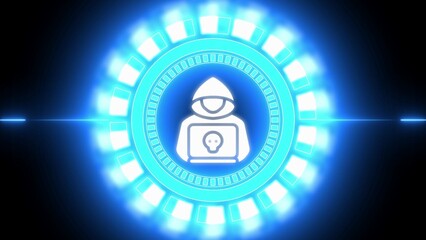 Glowing Blue Digital HUD with Hacker Icon and Laptop technology interface