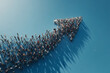 © Anastasiia Trembach - Crowd of people forming arrow shape on blue background, symbolizing teamwork, direction, and progress in unity.