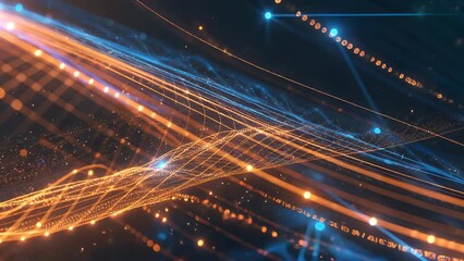 dive into a 4k visualization of vibrant glowing streams of data where orange blue light particles race through cyberspace illustrating modern technology digital networks innovation with