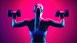© naila mutmainah - full body shot of woman lifting weights, muscular build, dramatic neon lighting, dark background, high contrast, cinematic, detailed musculature, strong pose, dynamic composition