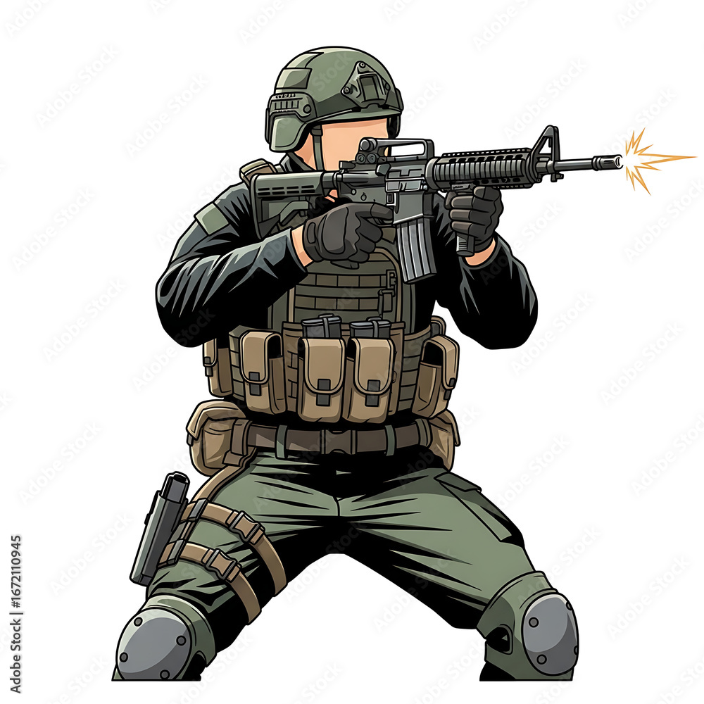 Cartoon illustration of a soldier firing an assault rifle in combat ...
