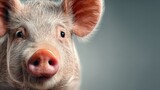Close-up of a curious pig with expressive eyes and soft fur against a simple backdrop