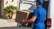 © Tetiana - Caucasian male delivery worker carrying package to van in residential area