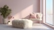© Galih - Pastel pink room with chair, fuzzy ottoman, plant, and window with bright light