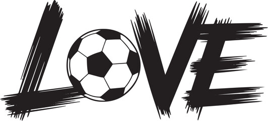 Black and white artistic illustration of the word love with soccer ball pattern in the letter o and modern brush stroke graphic design