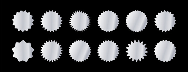 Starburst sticker set. Collection of silver metallic sunburst badges, deal tags, price tag or quality seal with wavy edge. Flat design vector elemens.