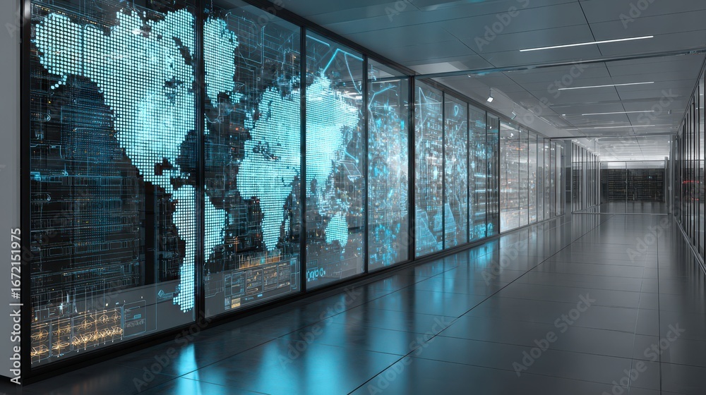 Futuristic Data Center Corridor with Illuminated World Map Displays on ...