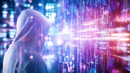 A mysterious figure in a hoodie faces a digital display of data and binary code.