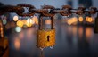 © Erwin - A padlock dripping with rain, secured to a chain, against a blurred city view at dusk