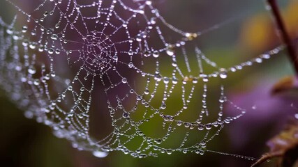 Glowing spider web adorned with shiny dew water drops swaying in wind in forest, shimmering with light. Nature intricate design, fragile morning beauty. Beautiful wood background.
