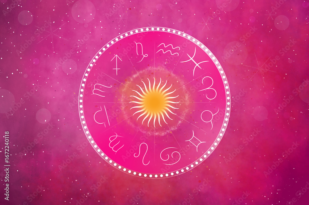 Western astrology circle with 12 zodiac symbols on a beautiful colorful ...