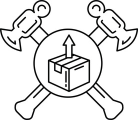 Canvas Print - A black and white drawing of a hammer and an ax with a box in the middle