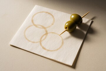 Wall Mural - cocktail napkin with overlapping drink ring stains and skewered green olives on a toothpick placed o