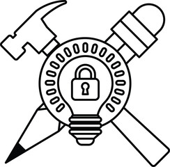 Canvas Print - A hammer, a pencil, and a light bulb are all connected by a lock