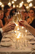 © Megalith - Hand holding glass of champagne, people cheering, friends, party nightclub, wedding, cheering, family, sparkling wine, luxury, 4K, vertical video, social media, 9:16, insta story