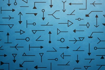 Wall Mural - multiple black arrows in various styles and directions on textured blue background, symbolizing navi